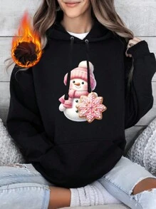 Oversized Style For Women, Cute Snowman Cookie Hoodie, Adorable Winter Graphic Hoodie, Festive Holiday Apparel For Women, Merry Christmas Gift, Cozy Winter Hoodie, A Double-Layer Hood Hoodie, Fleece Lining For Excellent Warmth