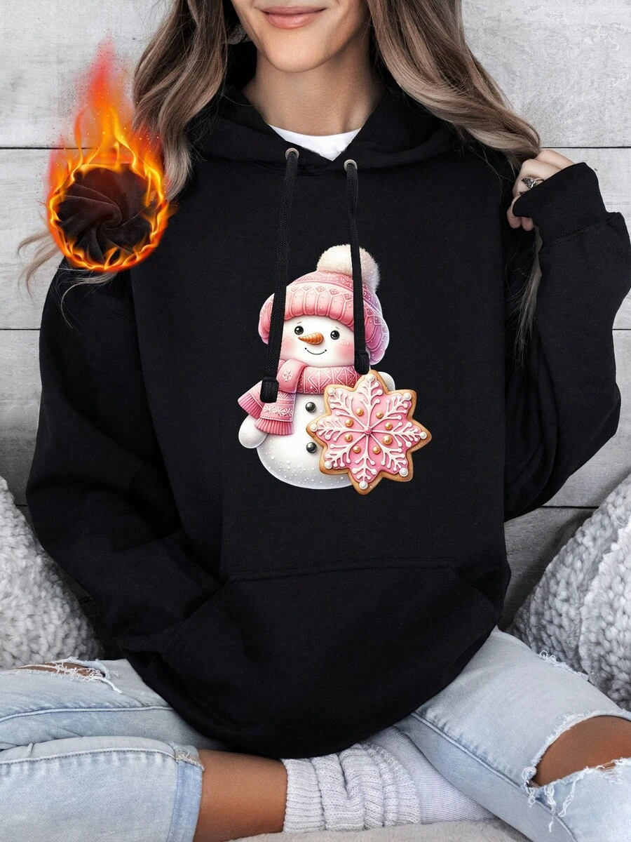 Oversized Style For Women, Cute Snowman Cookie Hoodie, Adorable Winter Graphic Hoodie, Festive Holiday Apparel For Women, Merry Christmas Gift, Cozy Winter Hoodie, A Double-Layer Hood Hoodie, Fleece Lining For Excellent Warmth