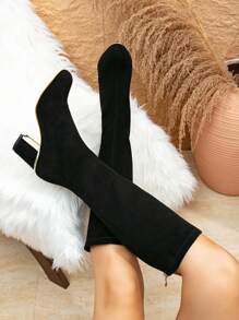 Fall/Winter Women's Black Faux Suede Fleece Elastic Chunky Heel Thigh High Boots, Slip-On Sock Style Classic Tall Boots With High Heels, Fashion