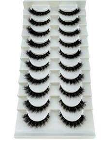 10对猫眼假睫毛/3D水貂毛假睫毛，自然妆效，经典俄式浓密睫毛，柔软条状假睫毛套装，睫毛，假睫毛 - 黑色 - 查看 3