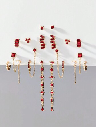 9 对时尚金属 C 形环状耳环，带水晶、玻璃水滴、圆形、方形、长链、水钻、珍珠耳钉，适合女士、节日礼物、日常使用（不含卡）