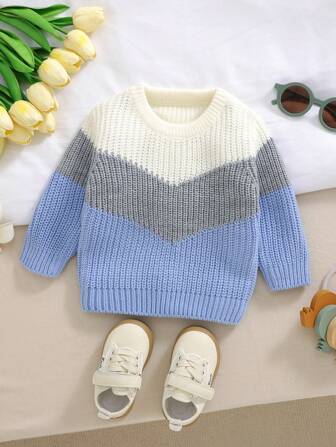 1 st Baby Boy Color Block Stickad tröja Crew Neck Pullover, Casual & Bekväm för Baby Boys
