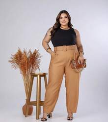 Plus Size Tailored Pants With Belt, High Waist, Elegant, Formal - 鏽棕色 - 查看 4