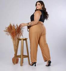 Plus Size Tailored Pants With Belt, High Waist, Elegant, Formal - 鏽棕色 - 查看 2