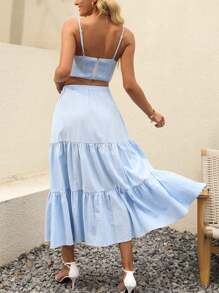 Women's Summer Bohemian Pleated A Word Elegant Swing Layered Long Skirt With Pockets - 淺藍色 - 查看 2