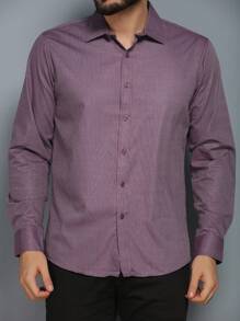 Men's Summer Spring Autumn Long Sleeve Shirt Business Formal Wear No Ironing Anti-Wrinkle Slim Solid Color - 紫色 - 查看 2