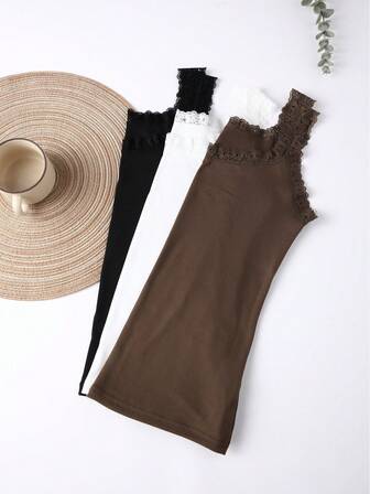 3 件装女士纯色蕾丝边装饰圆领无袖背心拼接领吊带背心薄款背心上衣