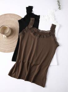 3pcs Women Solid Color Lace Trim Decorated Crew Neck Sleeveless Vest Splicing Collar Camisole Thin Tank Top - Multicolor - View 7