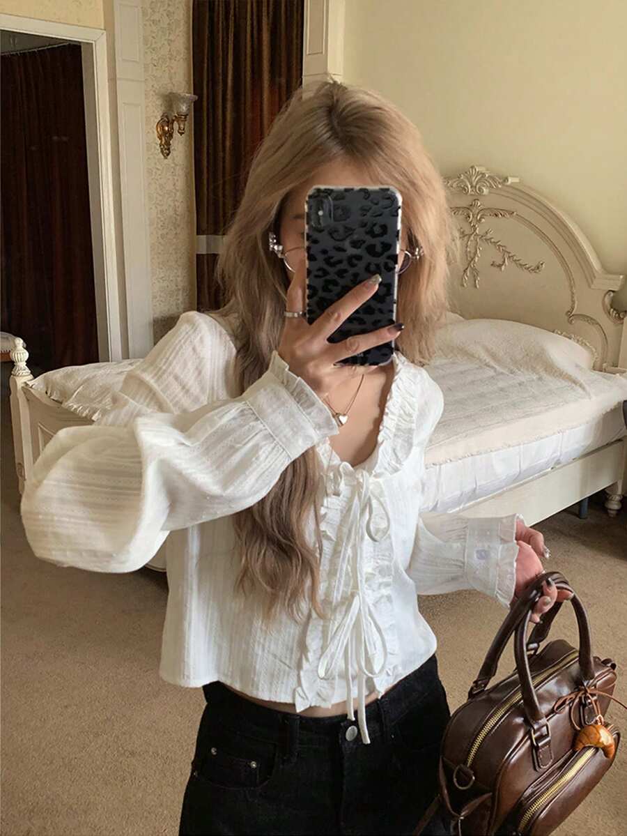 1 件女式休闲花卉系带长袖衬衫 - 白色 - 查看 1