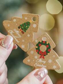 48 pezzi Etichette regalo natalizie con grafica a forma di albero di Natale vintage e slogan, con stringa, decorate con Babbo Natale e pupazzo di neve, per decorazioni natalizie, feste e regali