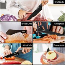 Set di 14 coltelli con blocco portacoltelli, con affilatore integrato, per uso in cucina - Set di coltelli da cucina nero di ACOQOOS
