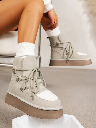 Nya snöstövlar med tjock sula för kvinnor, vintermode, varma snörningar, avslappnade termofodrade korta stövlar, pälsstövlar