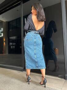 Midi Denim Skirt With Slit Women's Long Midi Skirt High Waist Slit Design One-Sided Thigh Split - Rửa trung bình - Xem 5