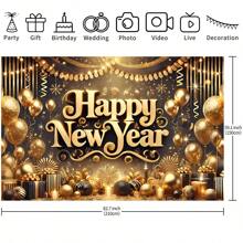 1 Pezzo Striscione riutilizzabile dorato di Capodanno, scatola regalo con palloncino dorato, decorazioni multifunzionali per le vacanze, sfondo da parete per la celebrazione di Capodanno con palloncini e ornamenti, striscioni decorativi da interno ed esterno per il Nuovo Anno, varie misure (210*150/150*100/100*75CM)