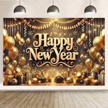 1 Pezzo Striscione riutilizzabile dorato di Capodanno, scatola regalo con palloncino dorato, decorazioni multifunzionali per le vacanze, sfondo da parete per la celebrazione di Capodanno con palloncini e ornamenti, striscioni decorativi da interno ed esterno per il Nuovo Anno, varie misure (210*150/150*100/100*75CM)