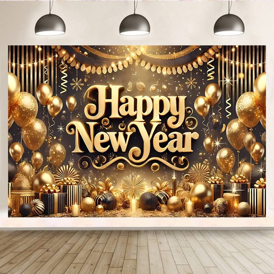 1 Pezzo Striscione riutilizzabile dorato di Capodanno, scatola regalo con palloncino dorato, decorazioni multifunzionali per le vacanze, sfondo da parete per la celebrazione di Capodanno con palloncini e ornamenti, striscioni decorativi da interno ed esterno per il Nuovo Anno, varie misure (210*150/150*100/100*75CM)