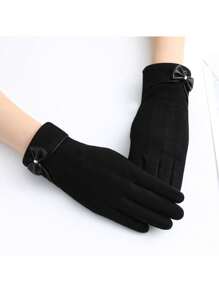 1 para jednokolorowych rękawiczek dekoracyjnych z kokardą Stylowe ciepłe rękawiczki z polaru do ekranów dotykowych Zimowe rękawiczki do jazdy na zewnątrz odporne na zimno