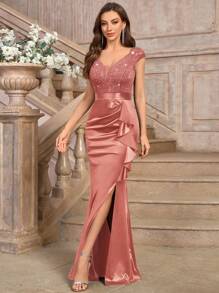 MIUSOL Deep V-Neck Contrast Sequin Lace Ruffle Mermaid Hem Satin Evening Party Maxi Dress - Dusty Pink - View 6