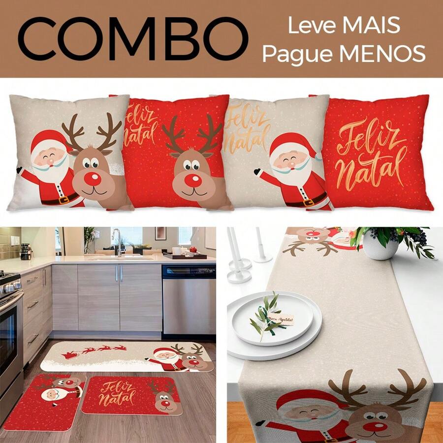 COMBO DE NATAL: KIT 04 CAPAS DE ALMOFADAS PAPAI NOEL + KIT 3 TAPTES DE COZINHA FELIZ NATAL + TRILHO DE MESA NATALINO