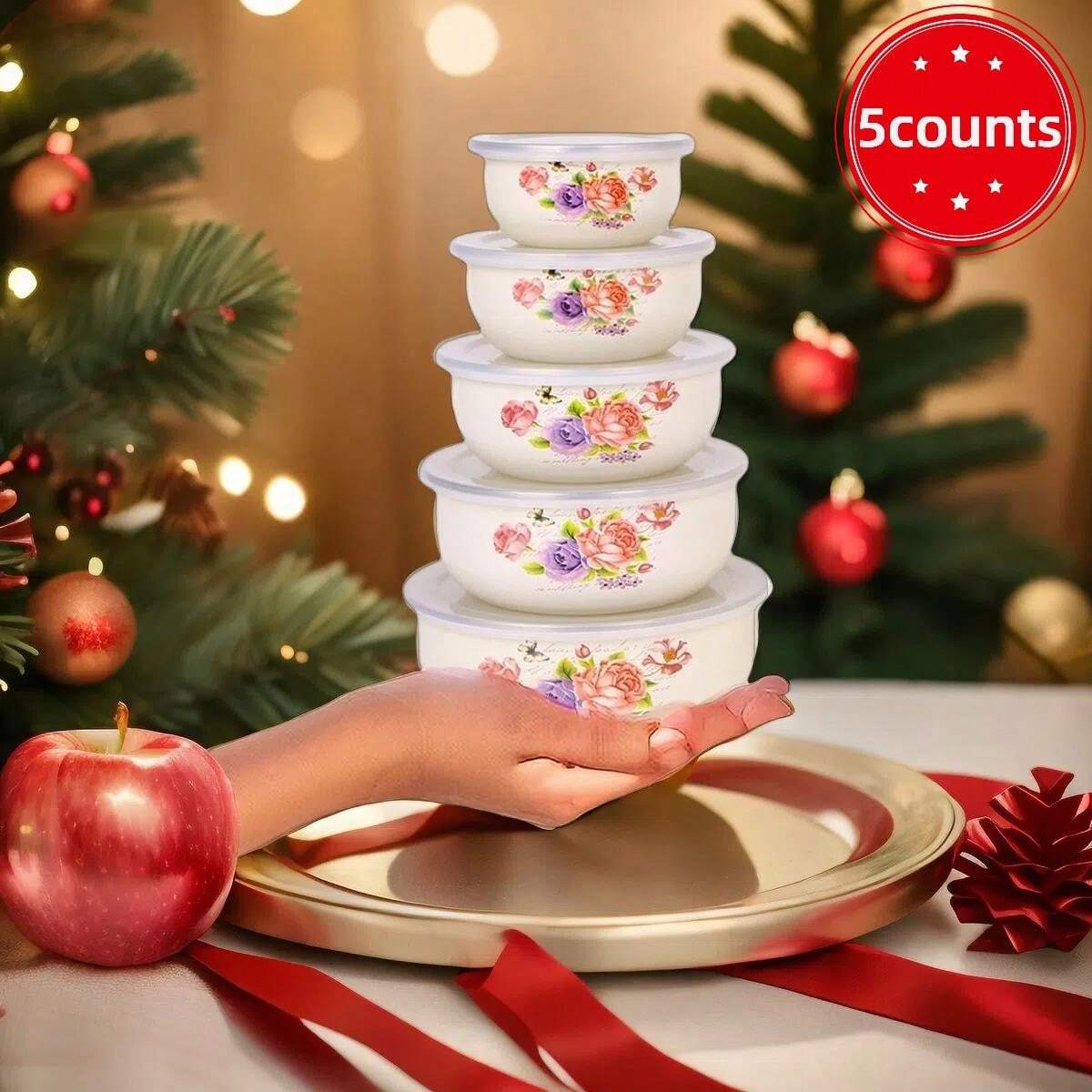 3pcs/5pcs Set Enamel Refrigerator Airtight Food Storage Bowls With Lids