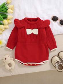 Elegant Red Holiday Style Baby Onesie, Infant Girls' Long Sleeve Romper With Bow Decor, Soft & Comfortable Crawler Bodysuit, Necessary For Outings, Adorable Design To Nurture Every Step Of Baby Growth