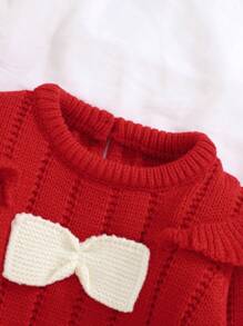 Elegant Red Holiday Style Baby Onesie, Infant Girls' Long Sleeve Romper With Bow Decor, Soft & Comfortable Crawler Bodysuit, Necessary For Outings, Adorable Design To Nurture Every Step Of Baby Growth