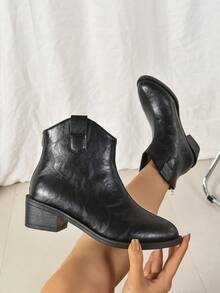 Giày bốt chiến đấu ngắn mũi nhọn đế dày thời trang mùa đông 2024 bằng da mới có khóa kéo phía sau - màu đen - Xem 6