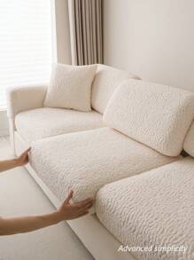 1pc Elastic Dual-Sided Plush Sofa Cover, New 2024 Autumn/Winter Thick Fleece Warm Anti-Skid Cushion, Pet Friendly - Beige - View 9