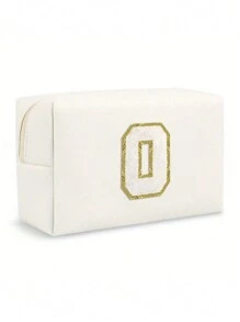 Borsa da trucco ottagonale da donna in PU con lettere, borsa cosmetica portatile in chenille con lettera iniziale in PU, impermeabile, per il viaggio, con cerniera, adatta per la decorazione della casa in autunno, atmosfera bohémien, vacanze, spiaggia, bagno, camera da letto, grande capacità