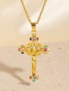 1 件女式复古吊坠项链，配彩色锆石和肖像吊饰，时尚跨境欧美风格珠宝 - 金色 - 查看 2