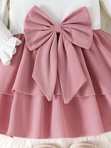 1 pieza Conjunto de vestido con gorro decorado con lazo y cuello de encaje, elegante, de manga larga para bebé niña, para otoño/invierno - Rosa - Ver 5