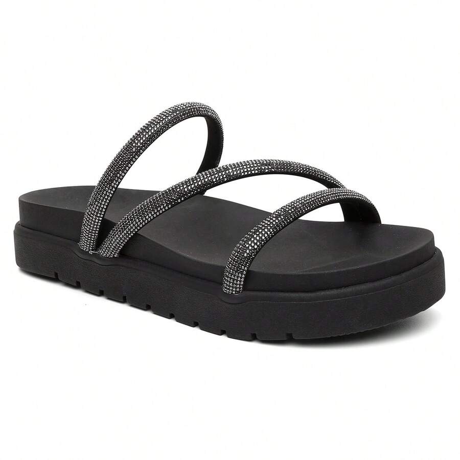 Women's Sandal Strap Rhinestone Shiny Flatform Soft Lightweight Fashion - màu đen - Xem 1