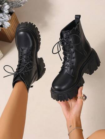 Damen Mode Plateau High Heel Knöchelstiefel, Dicke Sohle mittelhoher Absatz Stiefeletten für Herbst/Winter, Outdoor Streetwear