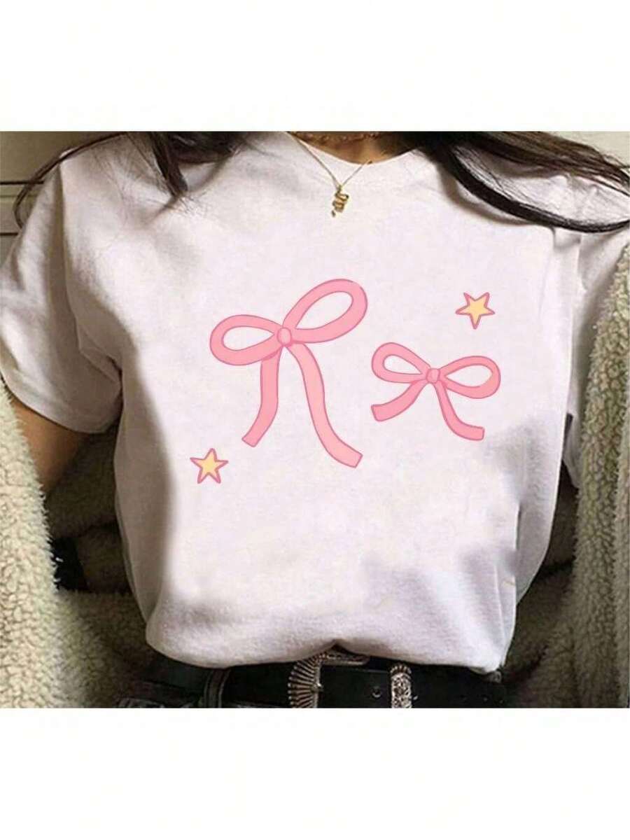 Women's T-Shirt With Cute Pink Bow Print - trắng - Xem 1