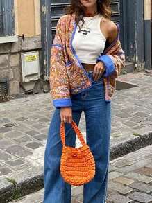 Women Floral Quilted Puffer Jacket Cropped Lightweight Patchwork Vintage Padded Short Coat Outerwear - Khaki - View 4