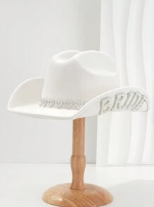 1PC Women's White Solid Color Shiny Wide-Brimmed Cowboy Hat. 2024 Wedding Essentials,Unique Luxurious Crystal Square Small Bright Diamond Colored Gemstone Paired Eye Shape With Faux Pearl Letter 'BRIDE' Bridal Hat.