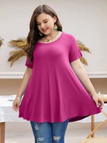 Huskary Plus Size Tops For Women Round Neck Short Sleeve Shirts Casual Summer Clothes Tunics For Leggings - Fushia - View 3