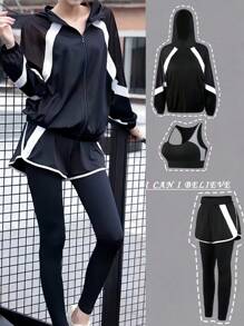 Bộ 3 trang phục thể thao đơn giản cho nữ, áo khoác thoáng khí, quần chạy bộ và áo ngực - màu đen - Xem 3