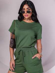 Women's Set Of Comfortable Sweatshirt Shorts And Blouse - xanh quân đội - Xem 2