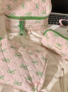 1 件/套可爱粉色蝴蝶结印花旅行化妆包，1 件多功能化妆品收纳包手提包钱包袋便携式化妆品刷收纳手拿包带拉链封口，适用于口红、刷子、护肤品、手机、硬币、小物品，适合家庭、旅行、度假和学校使用，化妆包化妆袋护肤包洗漱包收纳袋，旅行必需品邮轮必需品宿舍必需品，婚礼伴娘礼物化妆包化妆品收纳包化妆品收纳 - 彩色 - 查看 3