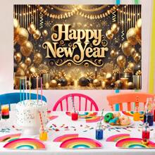 1 Pezzo Striscione riutilizzabile dorato di Capodanno, scatola regalo con palloncino dorato, decorazioni multifunzionali per le vacanze, sfondo da parete per la celebrazione di Capodanno con palloncini e ornamenti, striscioni decorativi da interno ed esterno per il Nuovo Anno, varie misure (210*150/150*100/100*75CM)