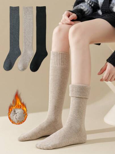 1/3 Pairs Solid Color Thick Thermal Lined Knee High Socks, Warm For Matching With JK Skirt, Y2k