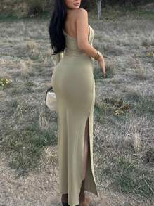 WOWDARK Damen einfarbiges langärmeliges asymmetrisches gerüschtes Lässig Kleid mit einem Ärmel, Alltagskleidung für den Herbst