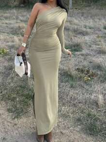 WOWDARK Damen einfarbiges langärmeliges asymmetrisches gerüschtes Lässig Kleid mit einem Ärmel, Alltagskleidung für den Herbst