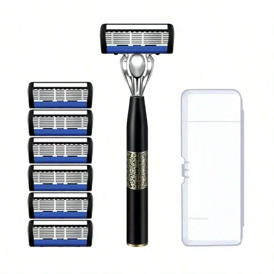 1 Bộ dao cạo thủ công cổ điển Trung Quốc, bao gồm 1 cán dao cạo, 1 hộp và 6 lưỡi dao bằng thép không gỉ 7 lớp có thể thay thế và tái sử dụng - màu đen - Xem 1