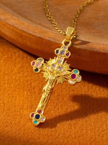 1 件女式复古吊坠项链，配彩色锆石和肖像吊饰，时尚跨境欧美风格珠宝 - 金色 - 查看 1