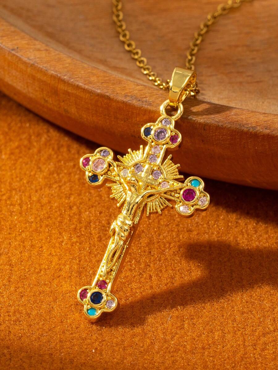 1 件女式复古吊坠项链，配彩色锆石和肖像吊饰，时尚跨境欧美风格珠宝 - 金色 - 查看 1