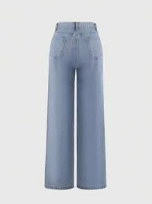Pantalones vaqueros rectos Bolsillos Para Mujer con pierna ancha - Azul - Ver 2