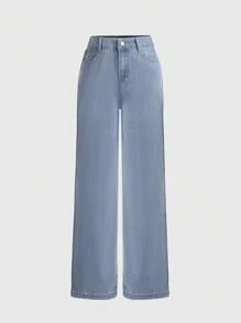 Pantalones vaqueros rectos Bolsillos Para Mujer con pierna ancha - Azul - Ver 1