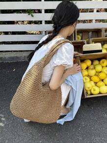 Baila Morena Women's Straw Tote Bag Beach Large Braided Shoulder Strap Striped Reinforced With Zipper - Màu Khaki - Xem 3